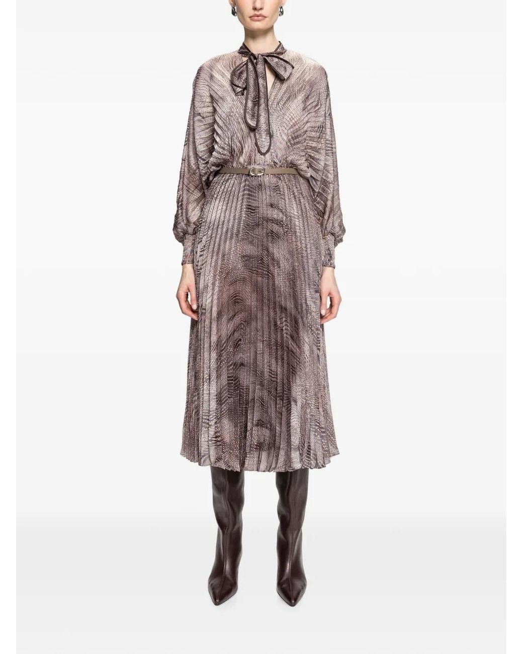 Nissa Gray Pleated Chiffon Midi Dress