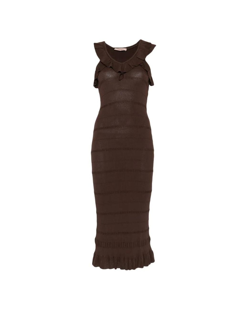 Twinset Brown Rib Knit Midi Dress With Ruffles