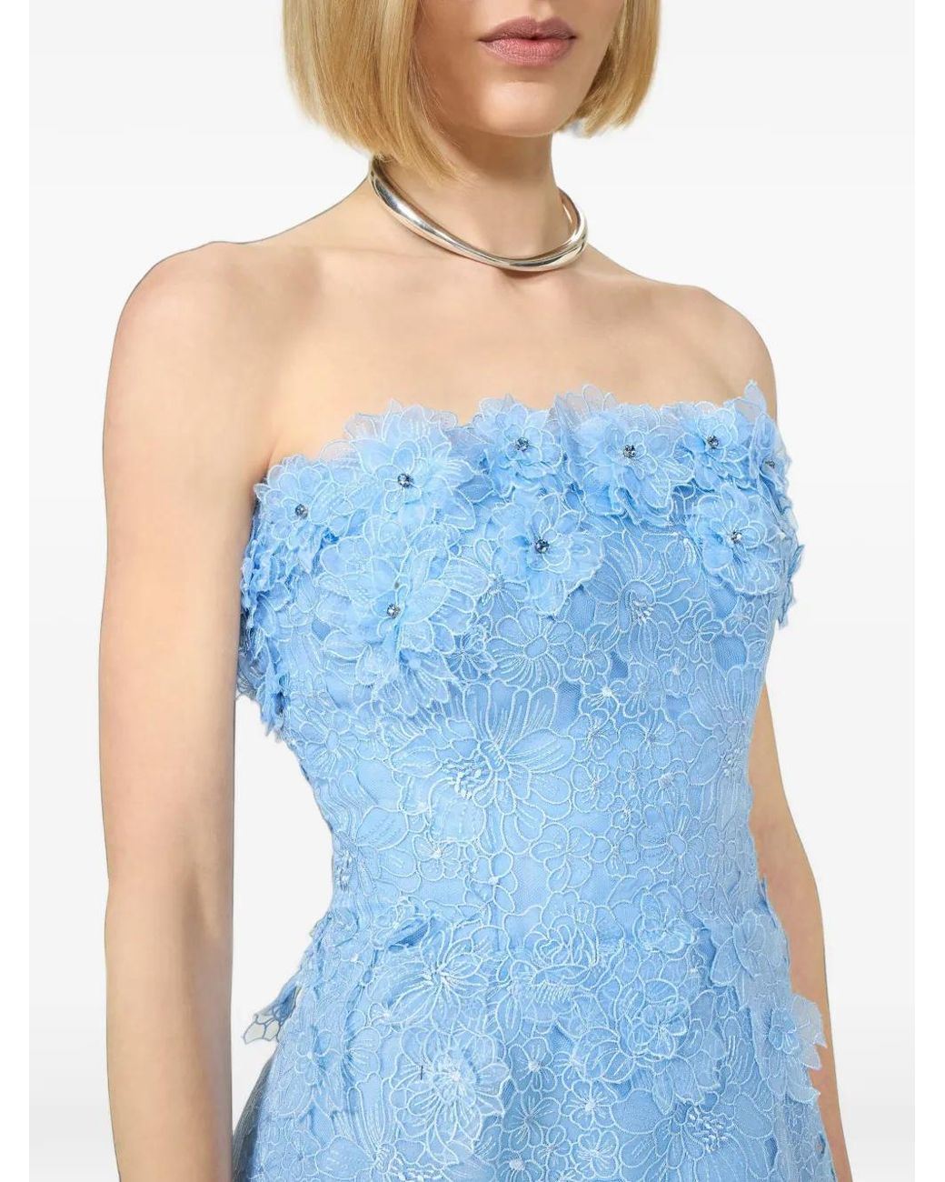 Costarellos Blue Anessa Embroidered Strapless Midi Dress