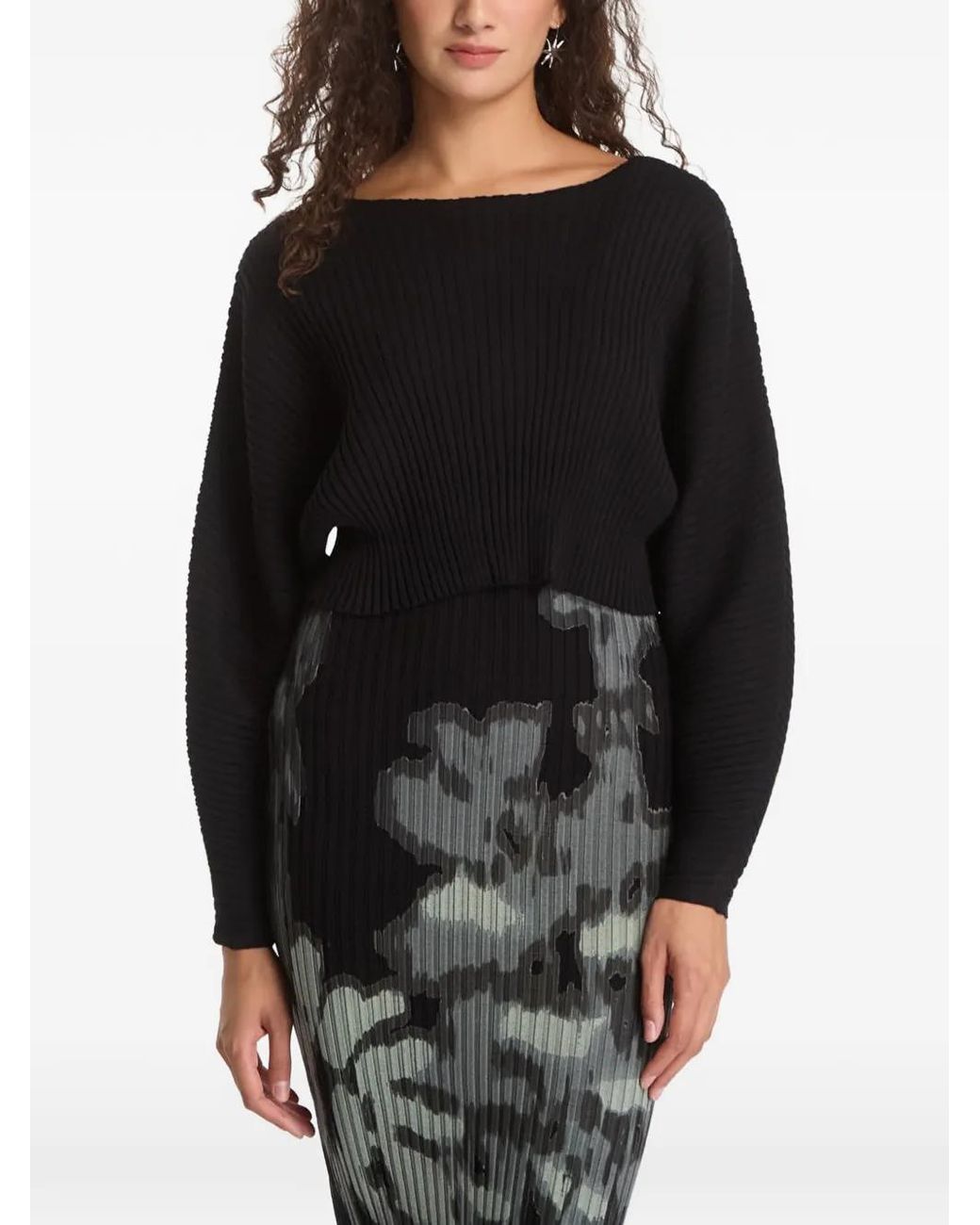 Desigual Black Floral-Print Ribbed Midi Dress