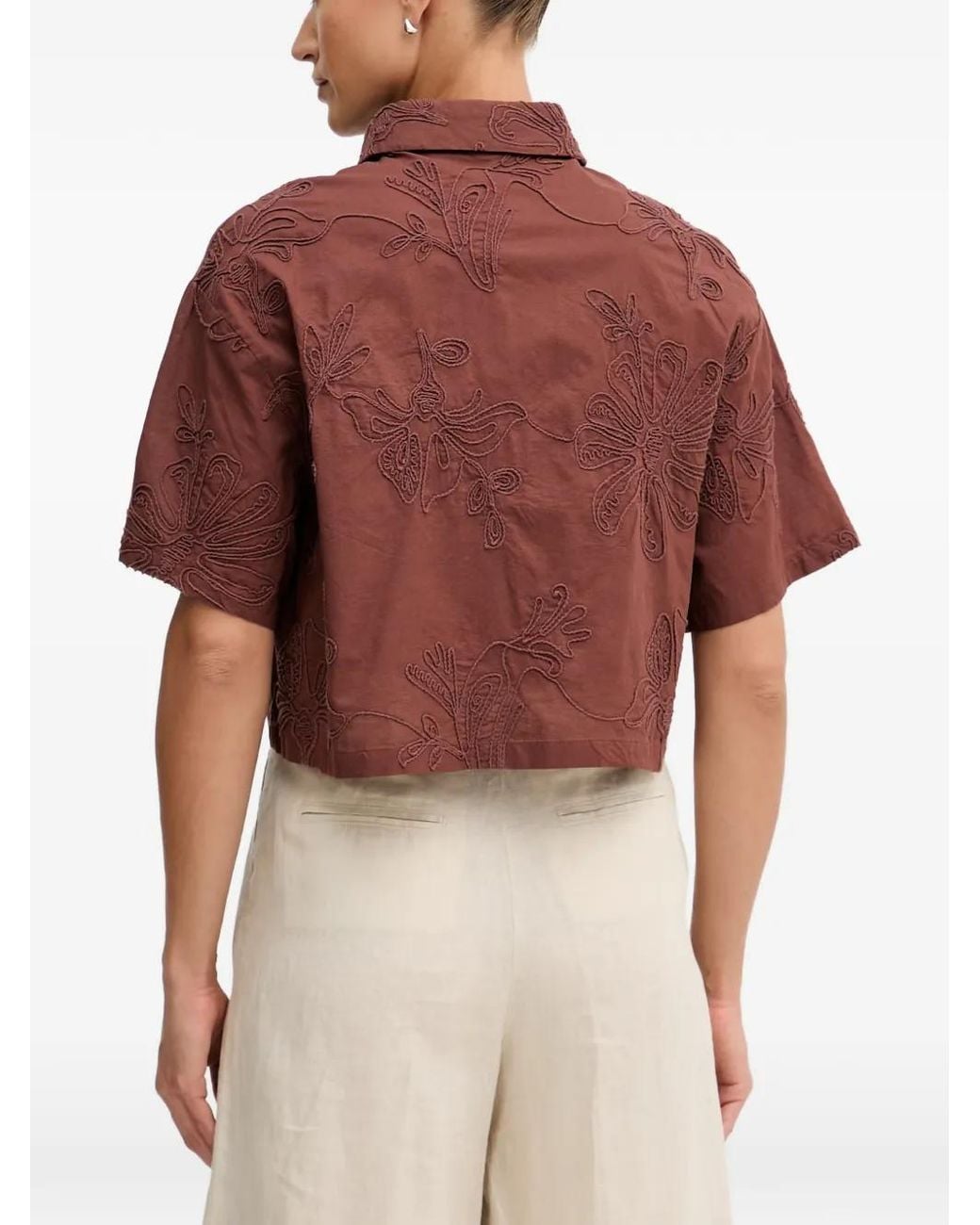Benetton Floral-Embroidered Cropped Shirt