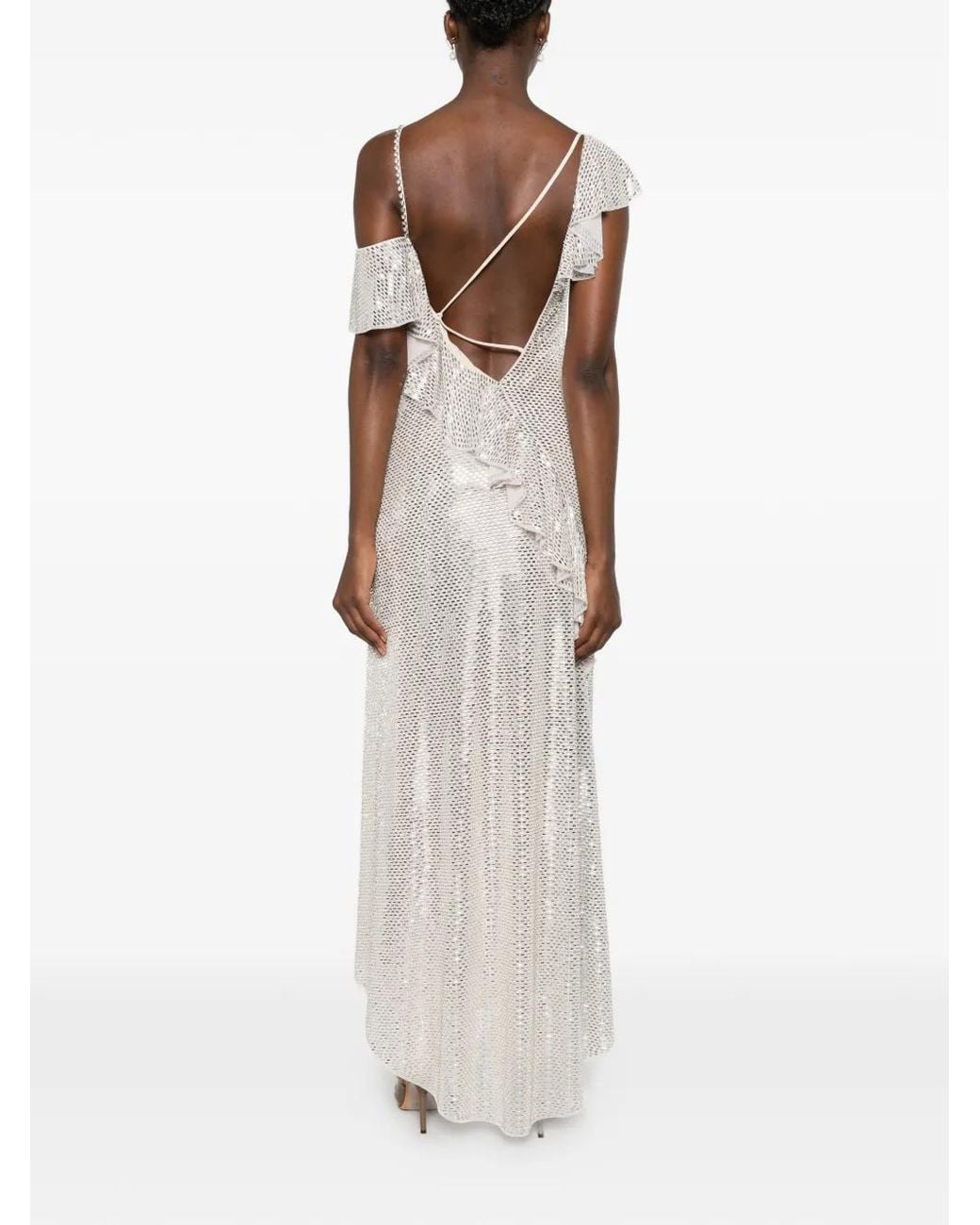 Self-Portrait White Rhinestone Ruffle Draped Maxi Dress