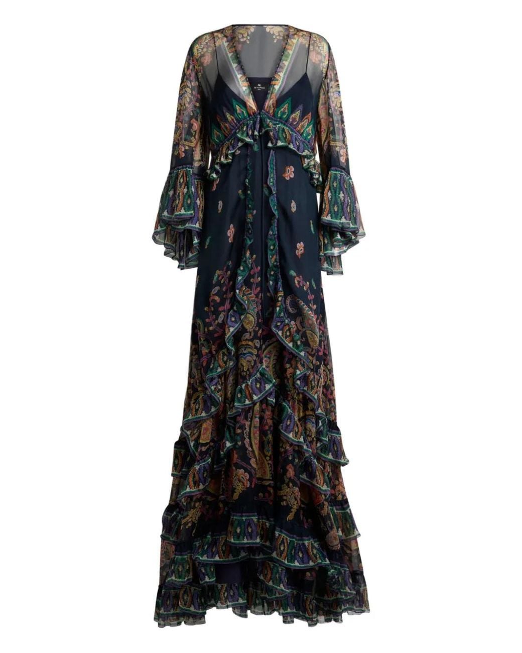 Etro Black Maxi Flared Dress With See-Through Sleeves