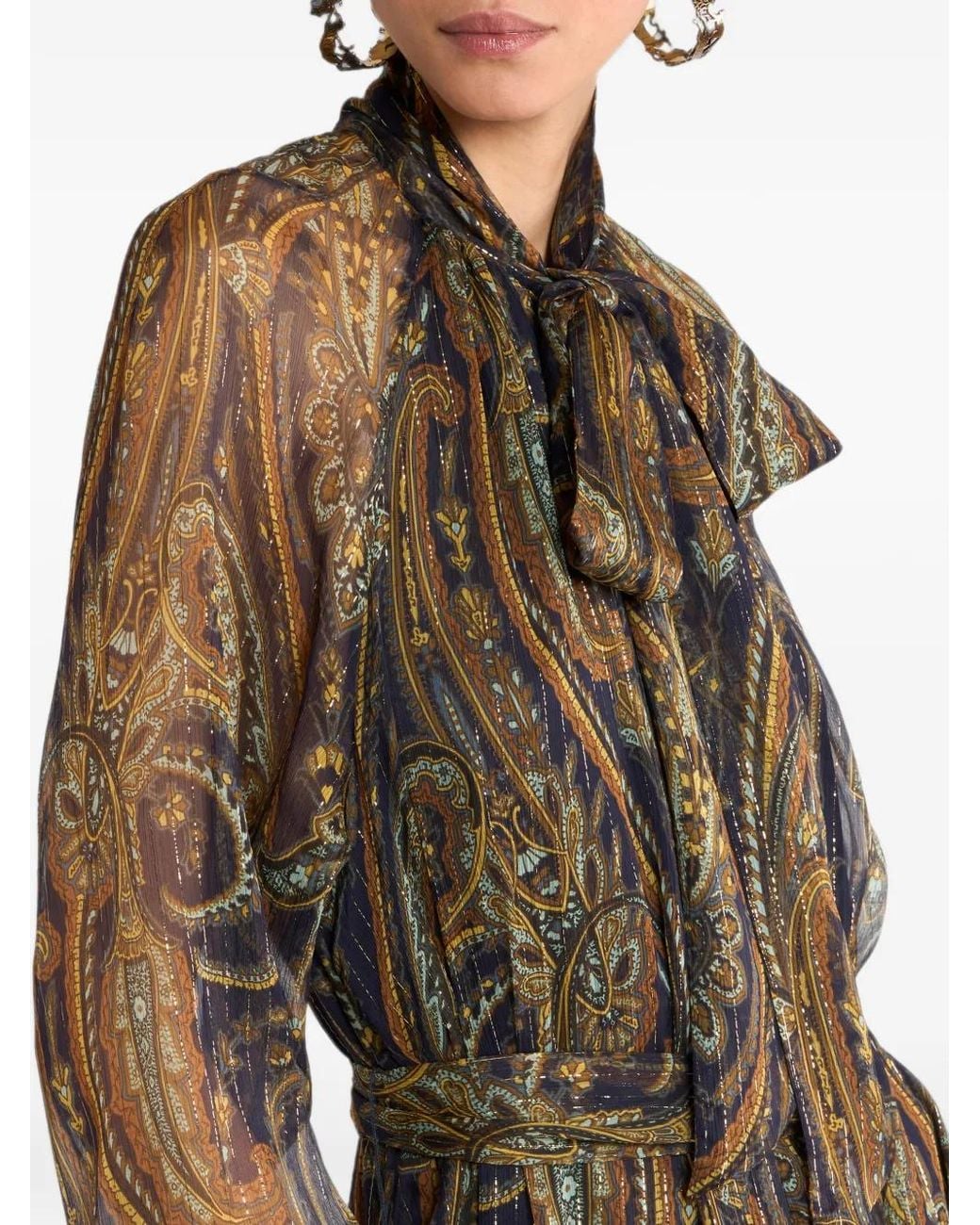 Etro Natural Long Silk Dress With Bow And Paisley Motif