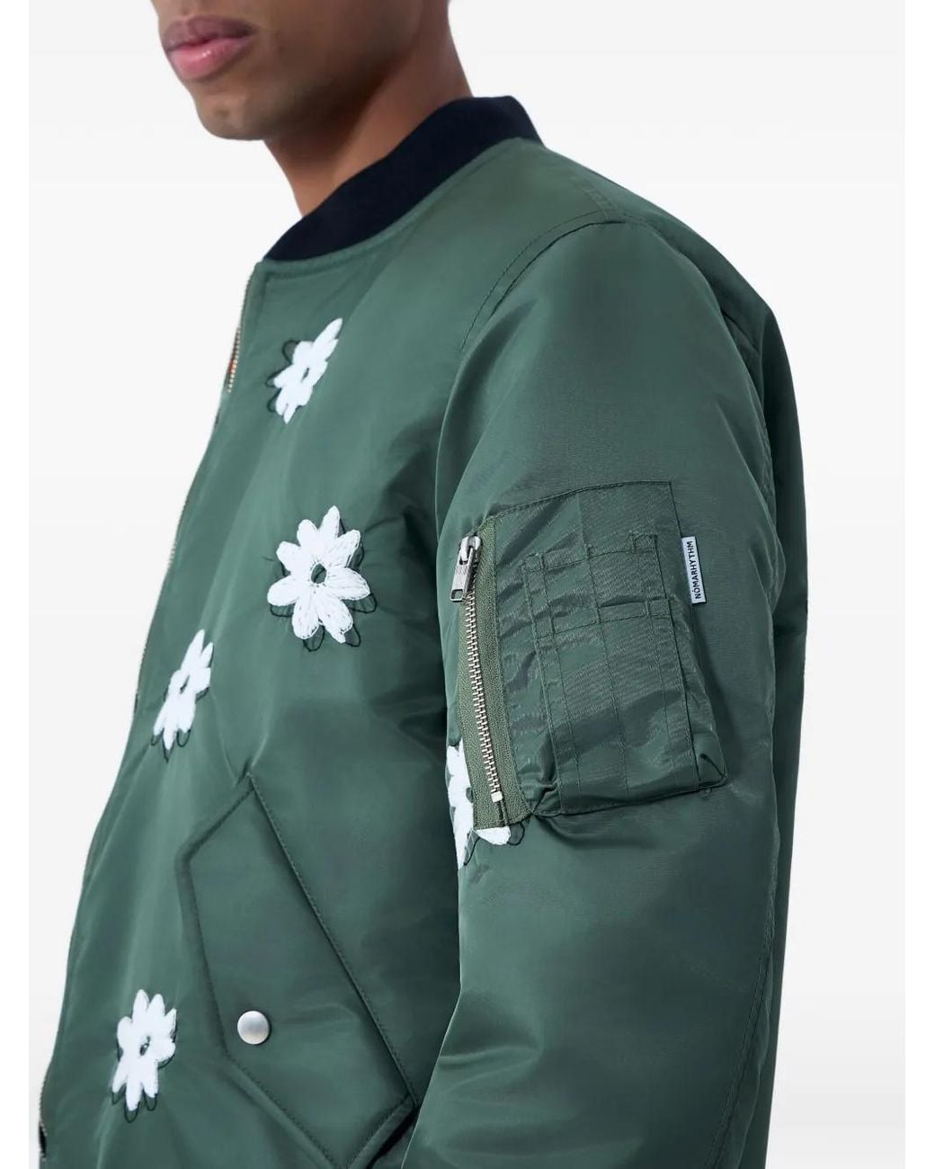 Nomarythm Textile Green Floral Embroidered Bomber Jacket for men