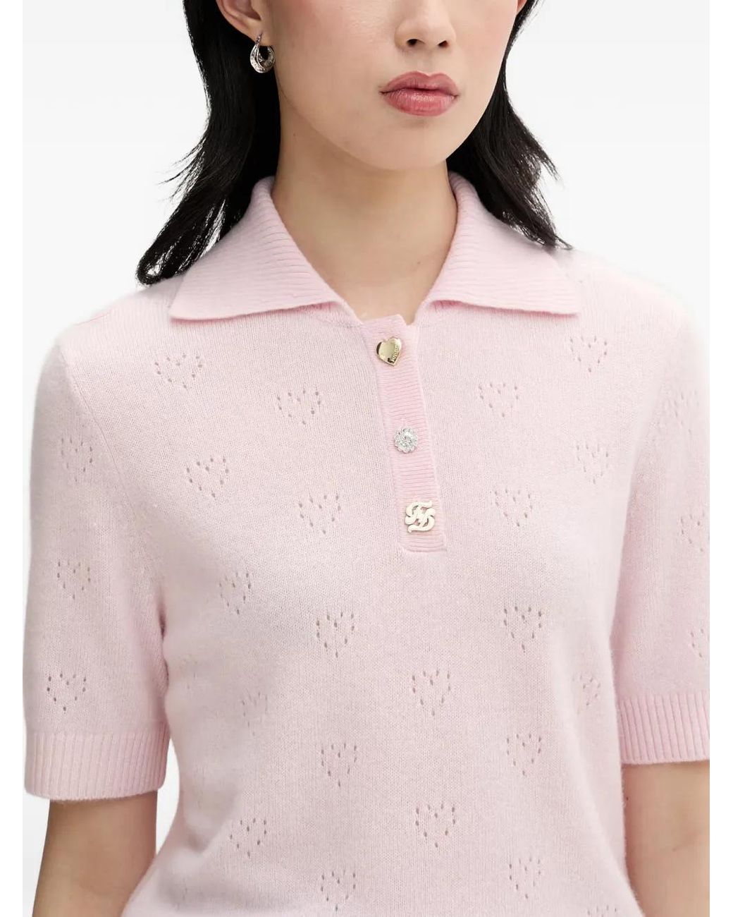 From Future Pink Heart-Pointelle Polo Top