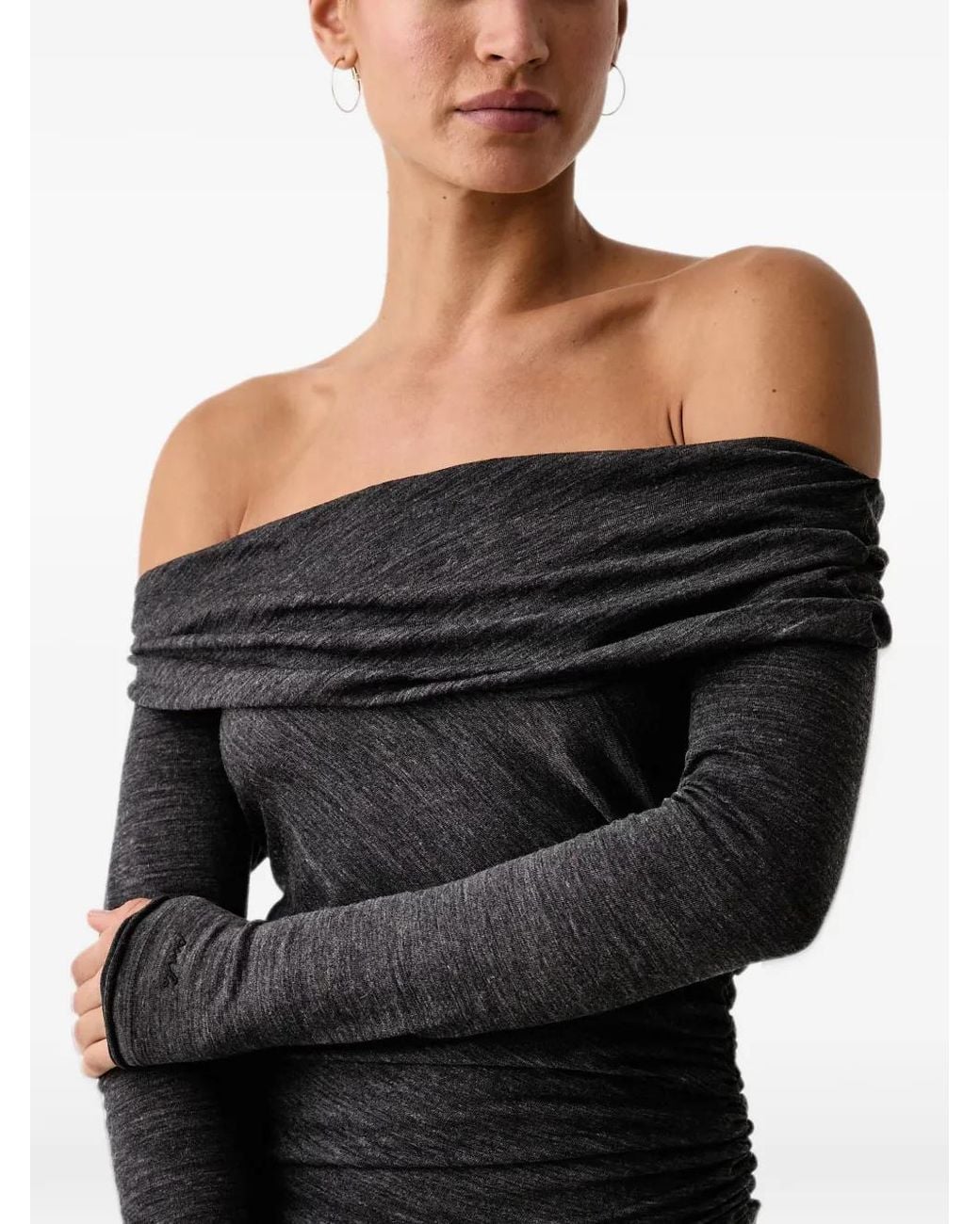 Pinko Black Off-Shoulder Ruched Midi Dress