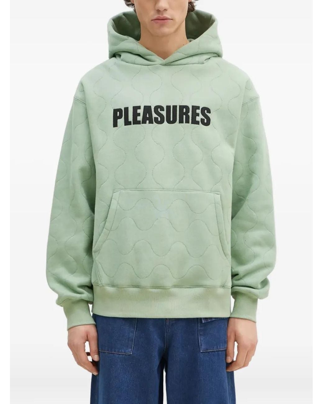 Pleasures Green Quilted Logo-Patch Hoodie for men