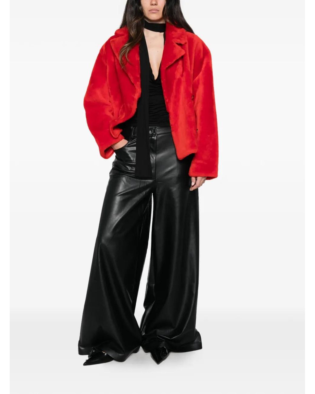Yves Salomon Red Double-Breasted Shearling Jacket