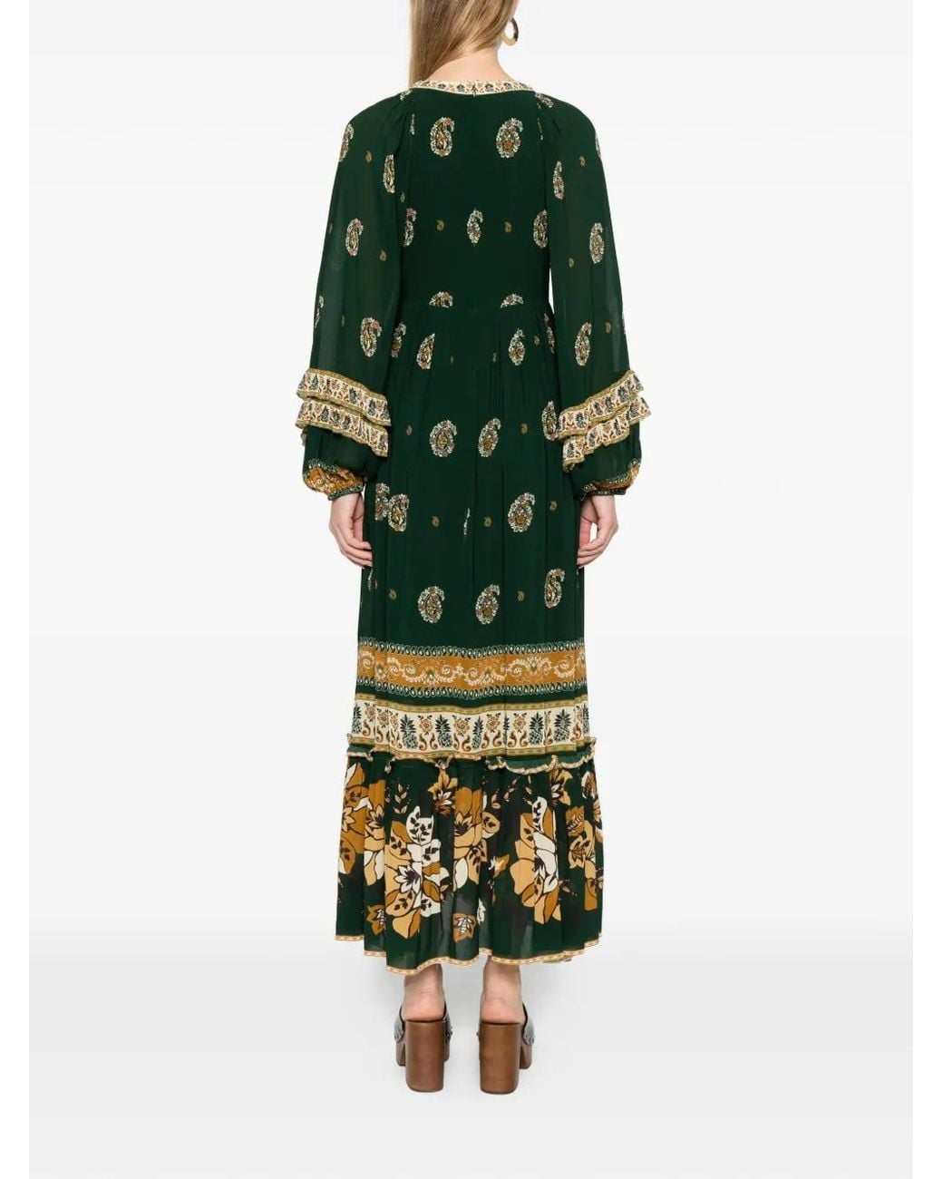 Farm Rio Green Floral Print V-Neck Long Sleeve Dress