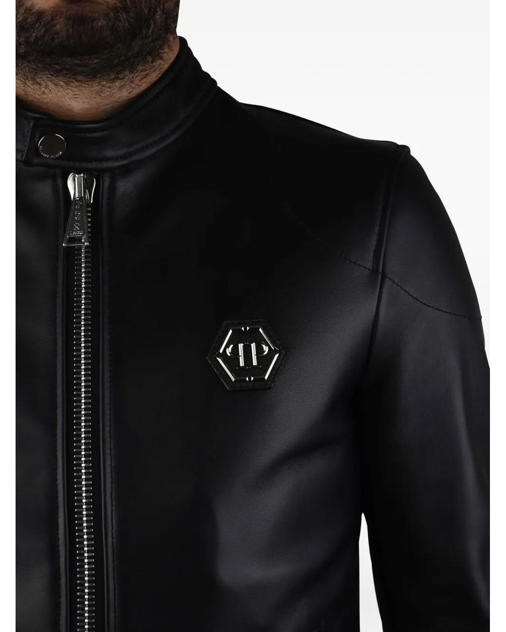 Philipp Plein Black Hexagonal Logo Biker Jacket for men