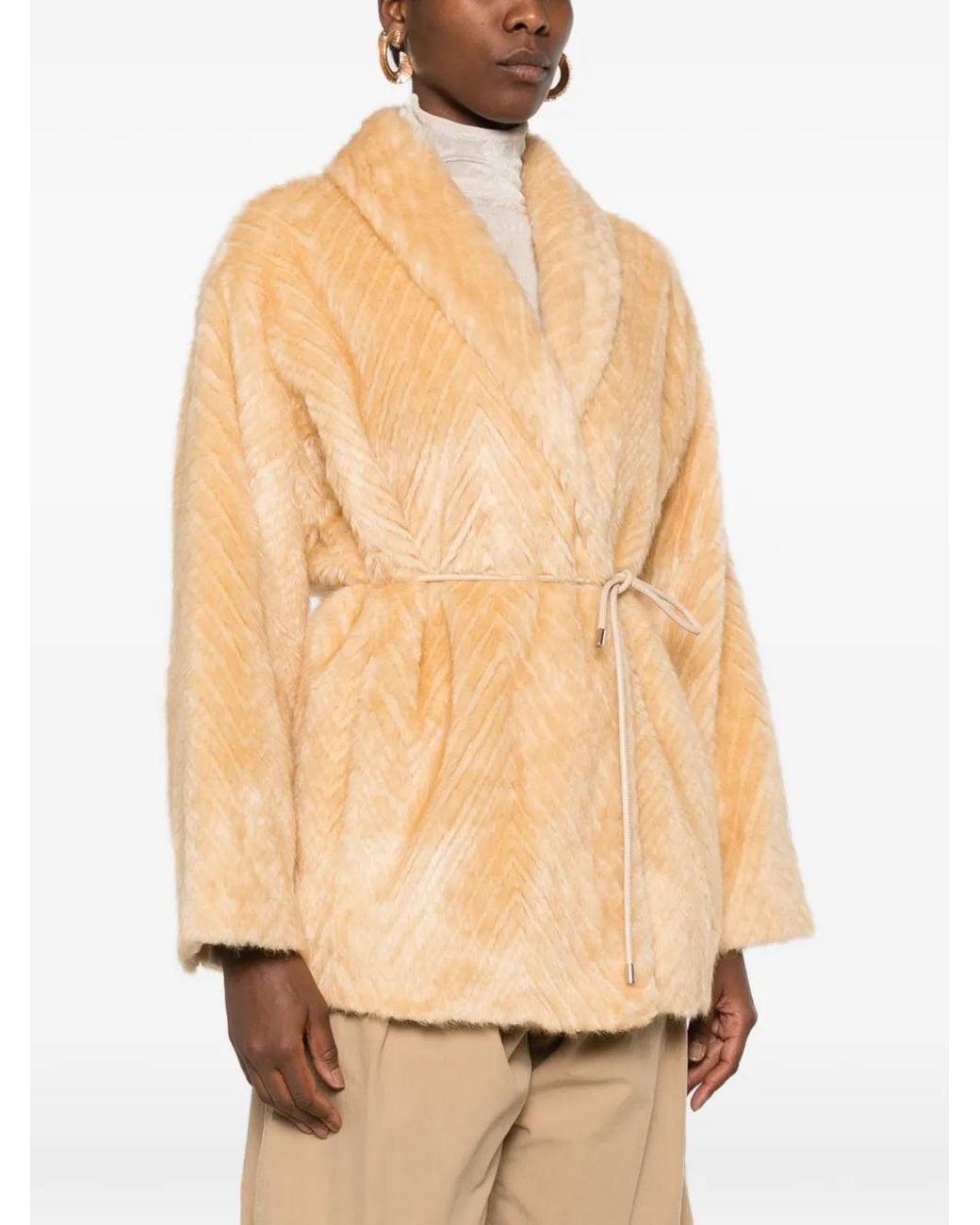 forte_forte Chevron-Pattern Belted Coat in Natural | Lyst