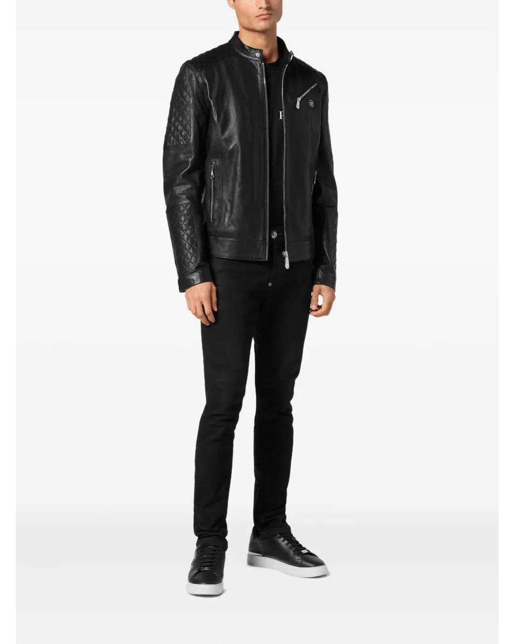 Philipp Plein Black Padded Leather Moto Bomber for men