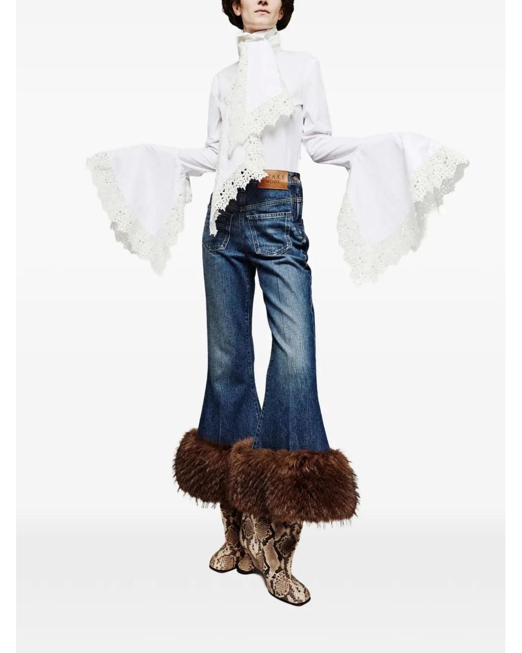 A.W.A.K.E. MODE Blue Faux-Fur Hem Flared Jeans