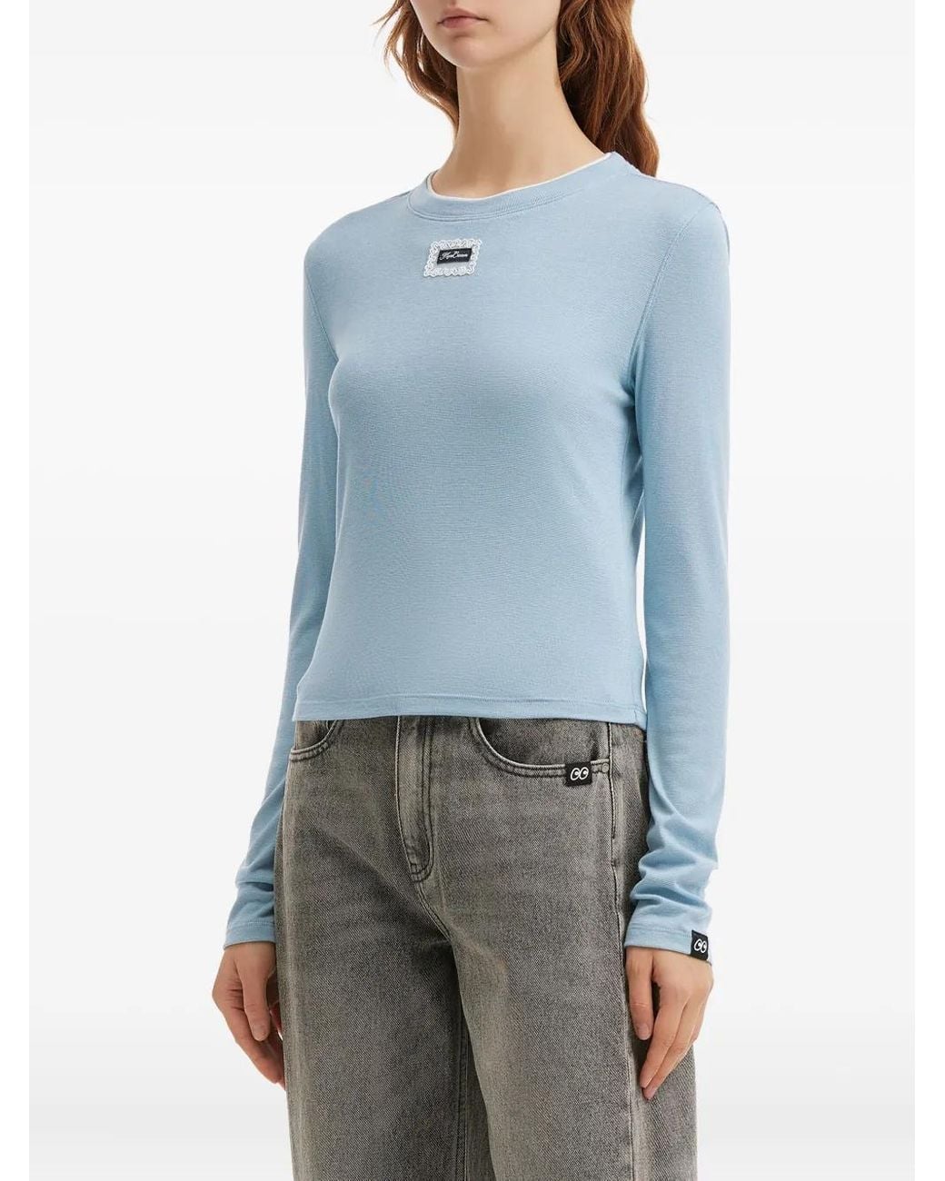 Mini Cream Blue Lace-Trim Long-Sleeve T-Shirt