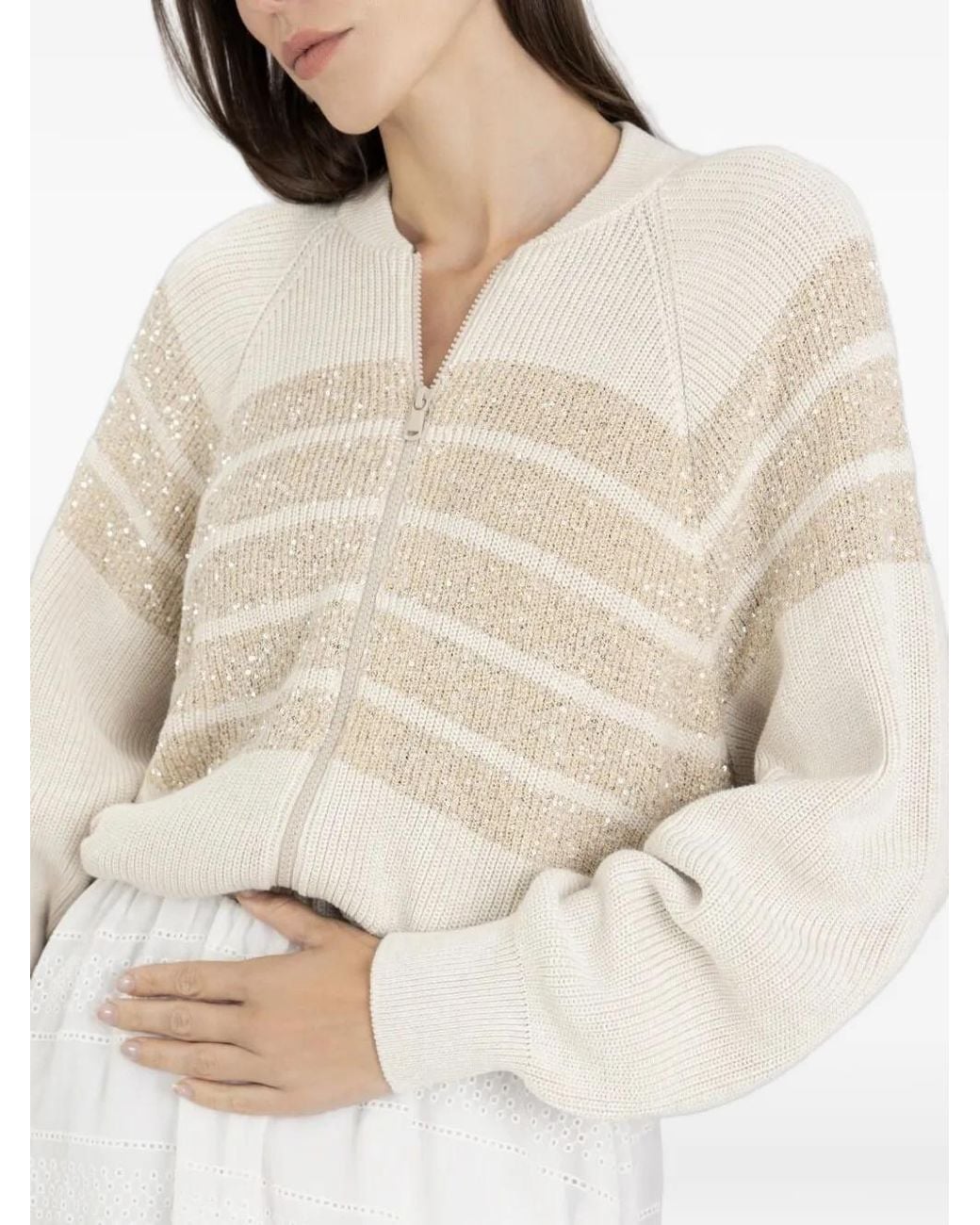 Brunello Cucinelli Natural Sequin-Embellished Full-Zip Cardigan