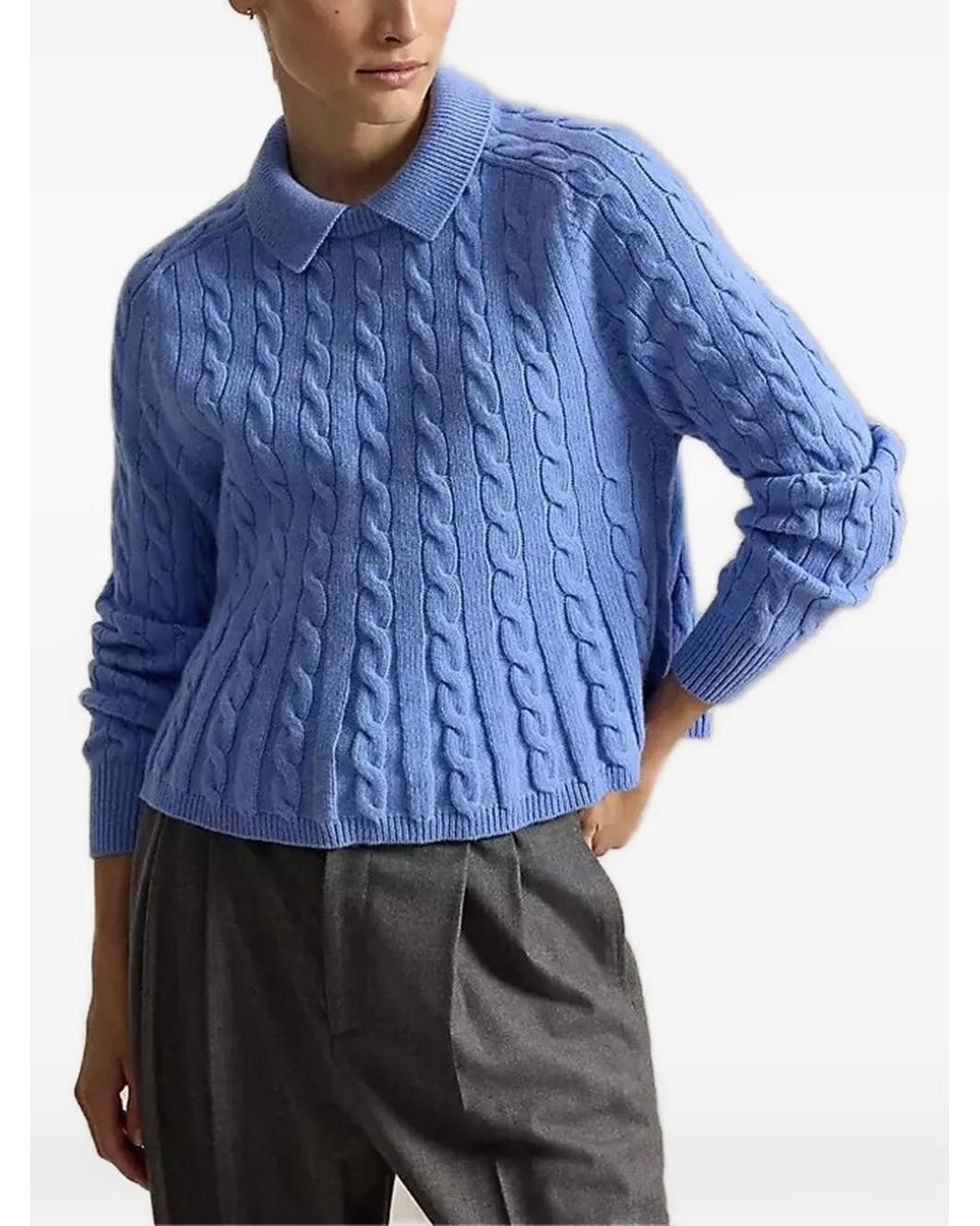 Polo Ralph Lauren Blue Cable Wool-Cashmere Peplum Jumper
