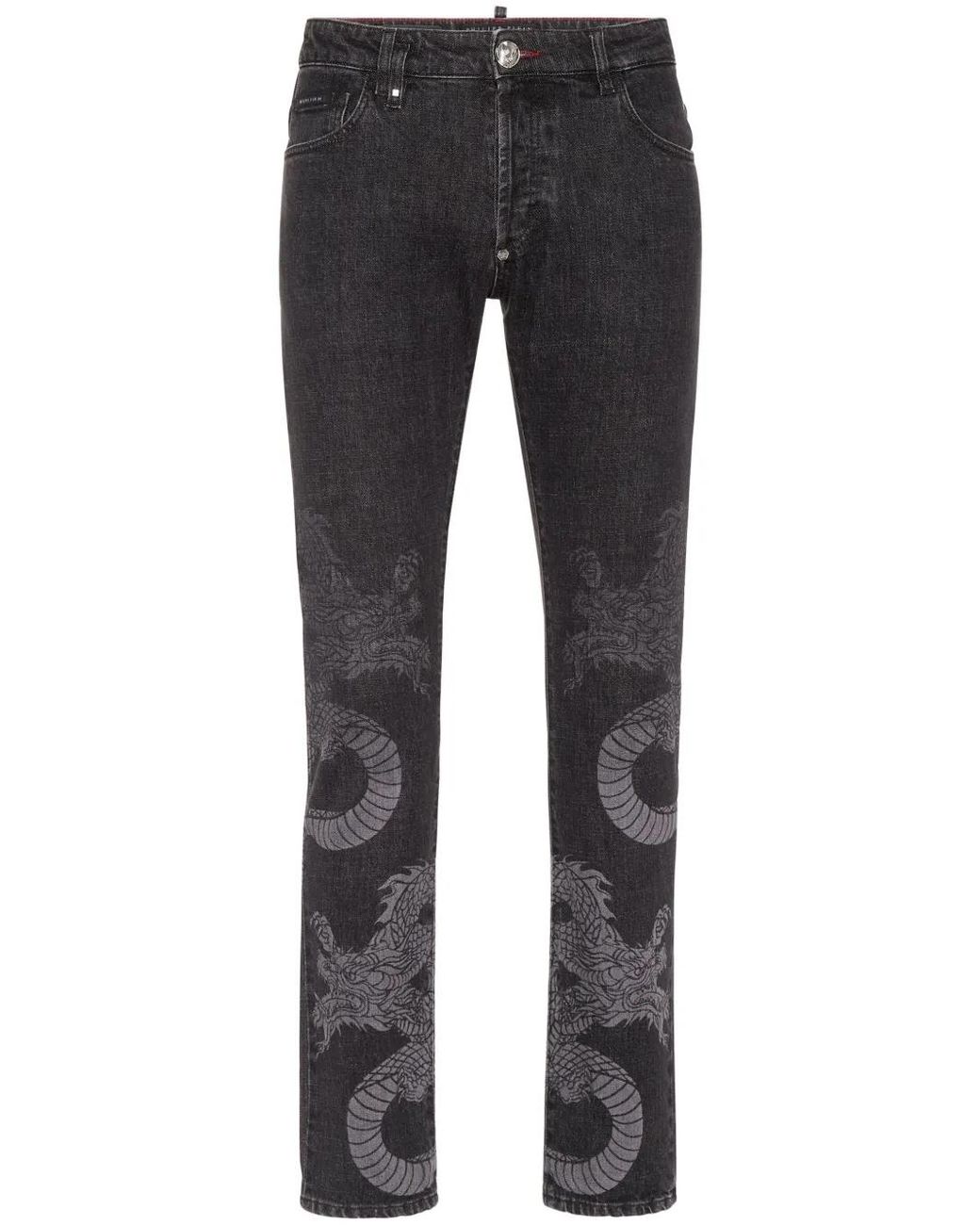 Philipp Plein Gray Dragon-Print Washed Straight-Leg Jeans for men