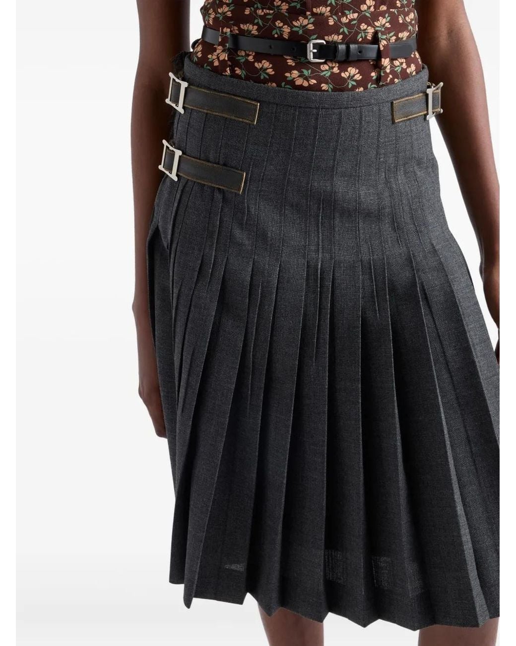 Prada Gray Wool Hopsack Pleated Midi Skirt