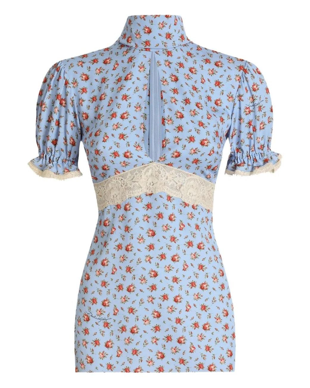 Dolce & Gabbana Blue Floral-Print Keyhole Blouse