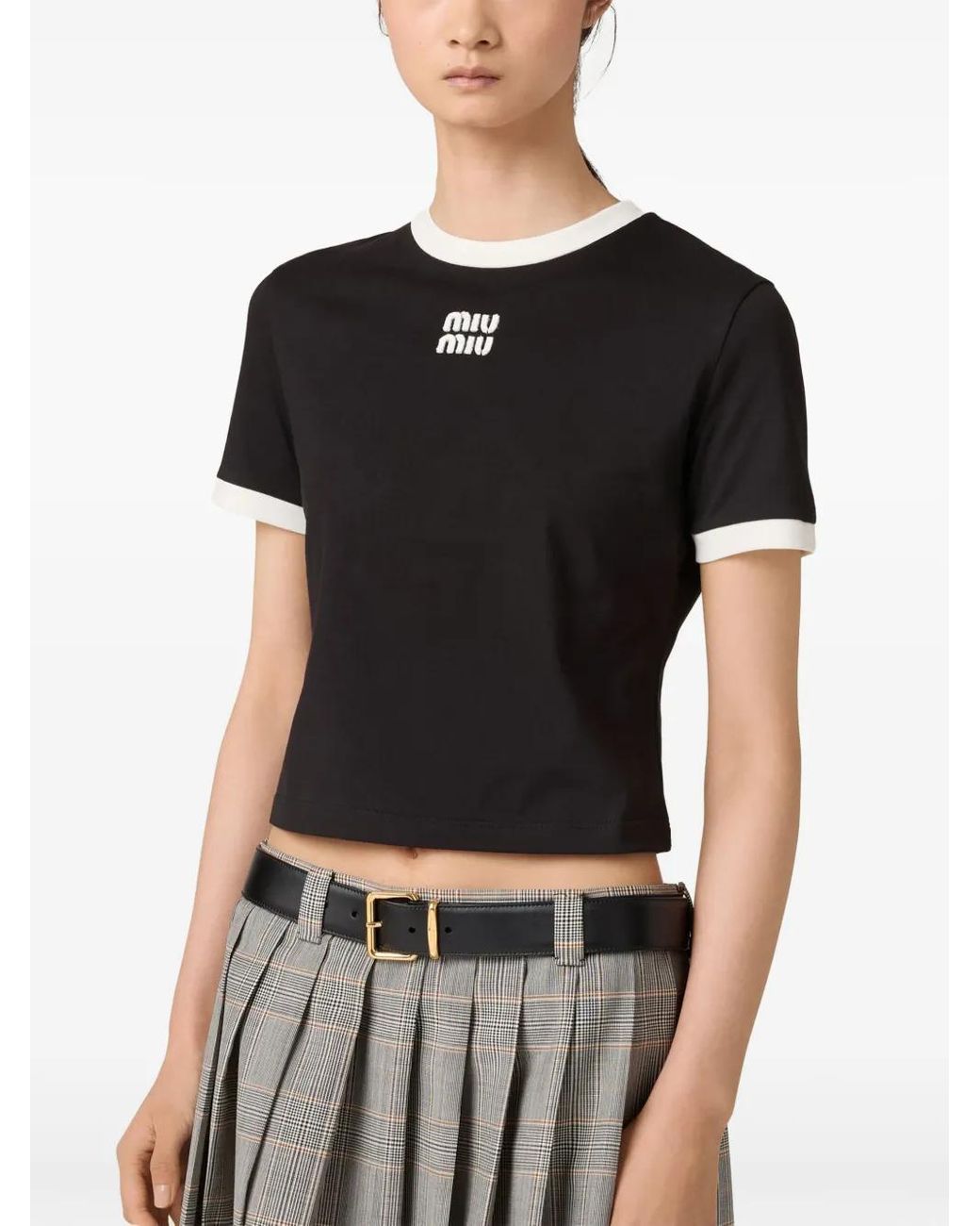 Miu Miu Logo-Embroidered T-Shirt in Black | Lyst