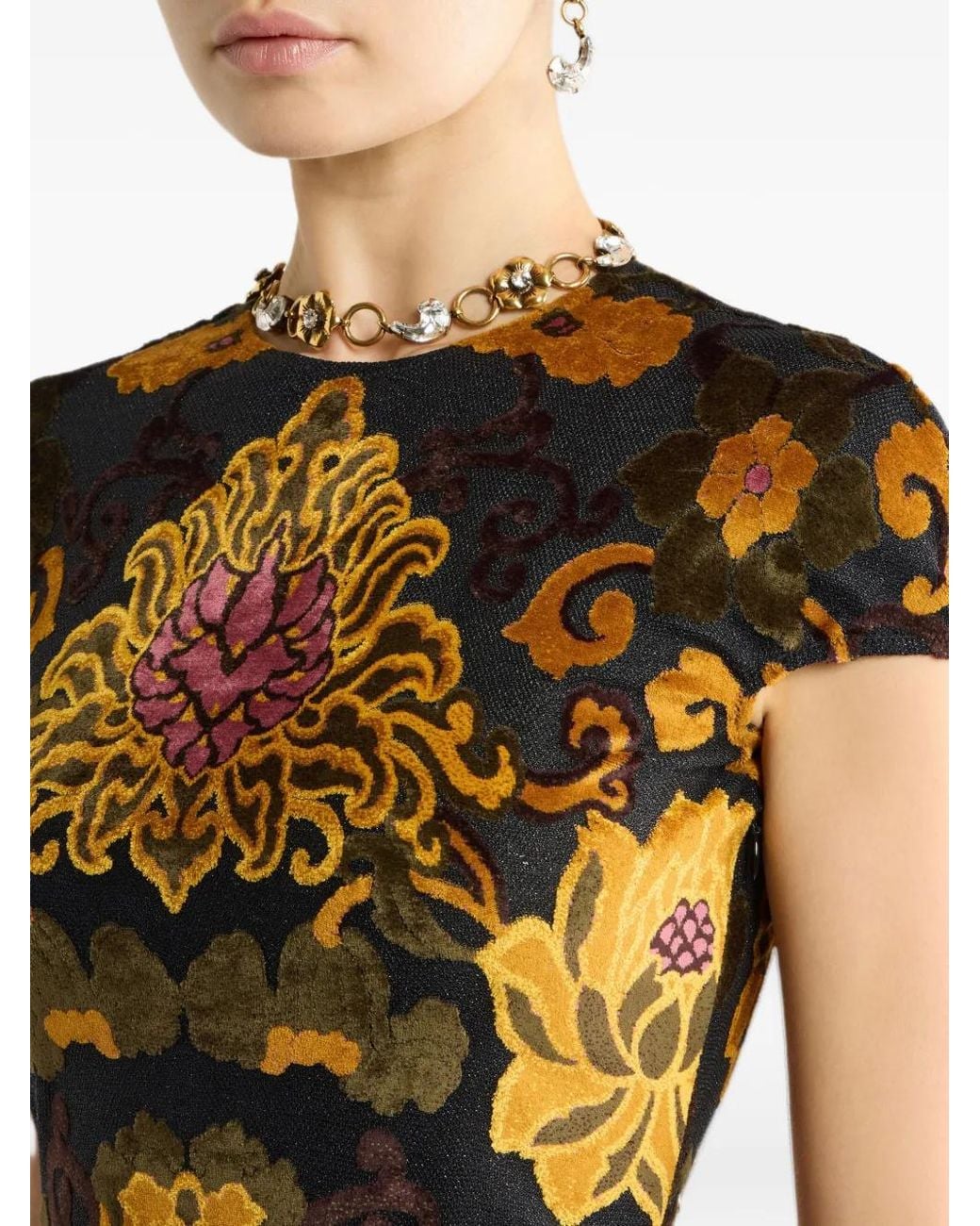 Etro Black Long Jacquard Dress With Chenille Floral-Motif