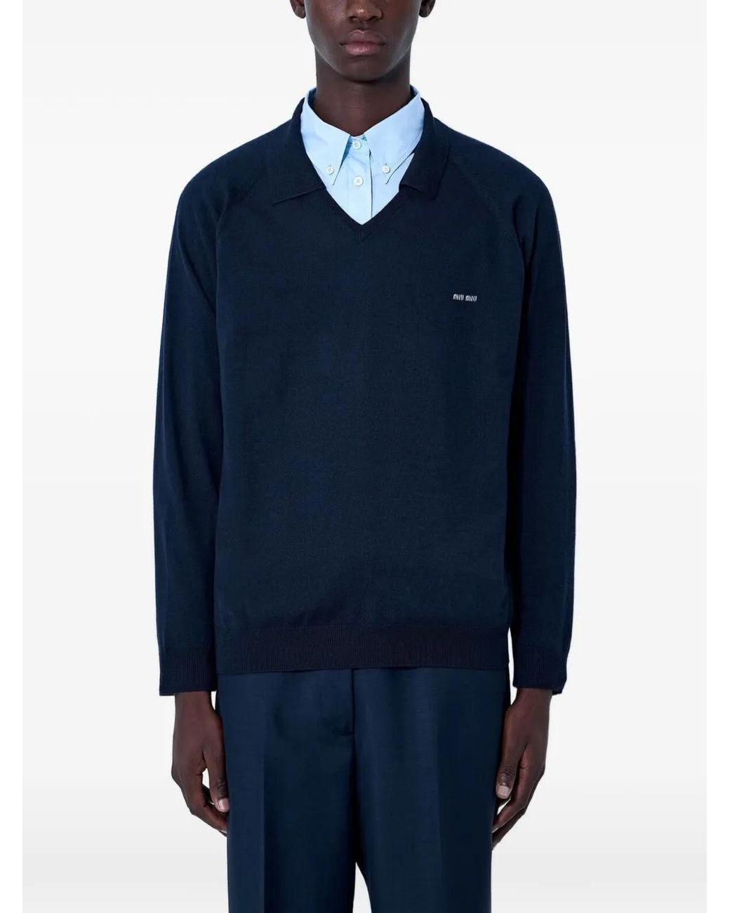 Miu Miu Blue V-Neck Logo-Patch Sweater for men