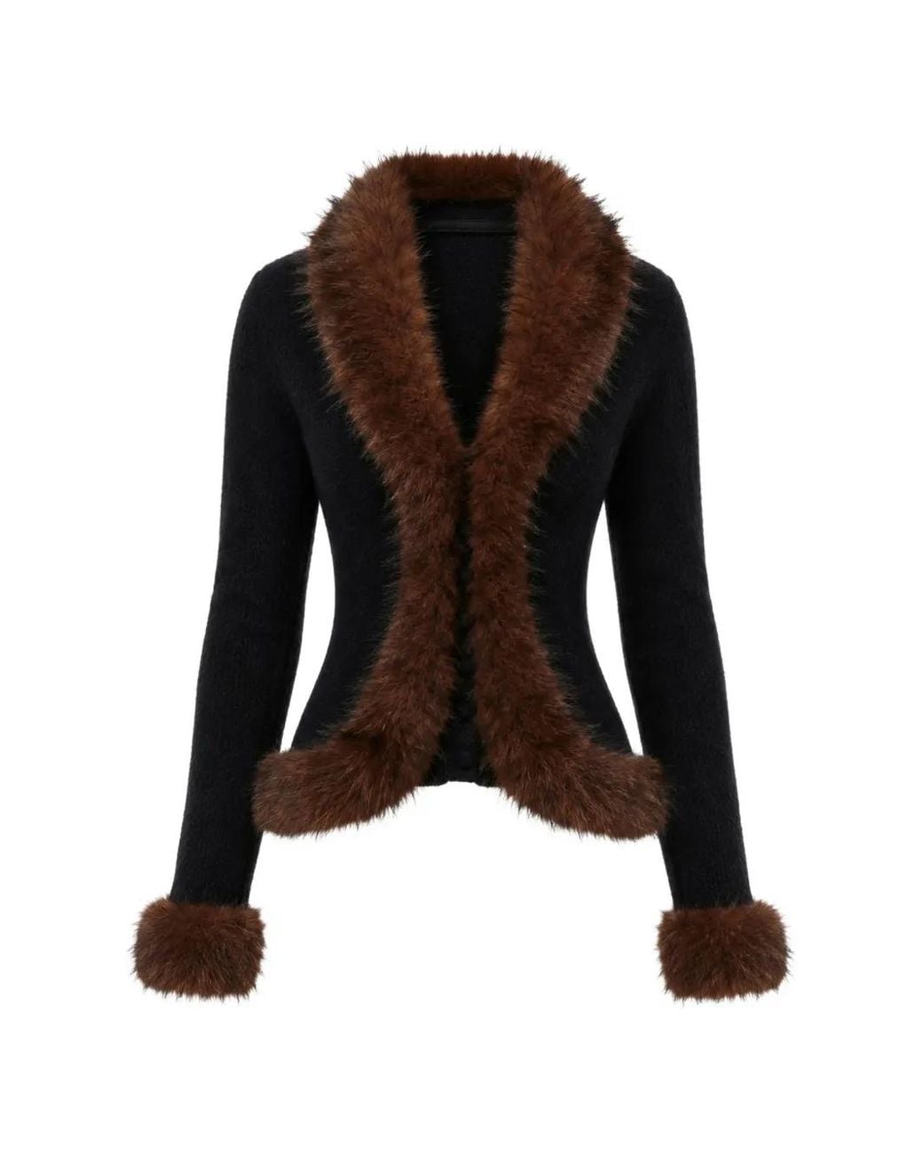 Self-Portrait Black Faux-Fur Knit Cardigan