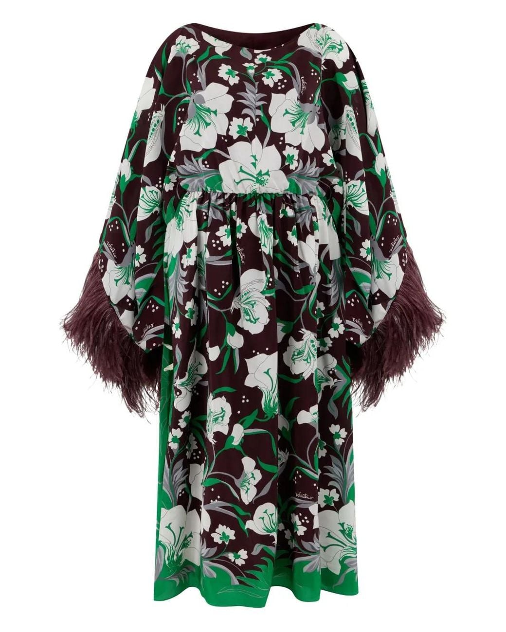 Valentino Garavani Brown Feather-Trim Floral Dress