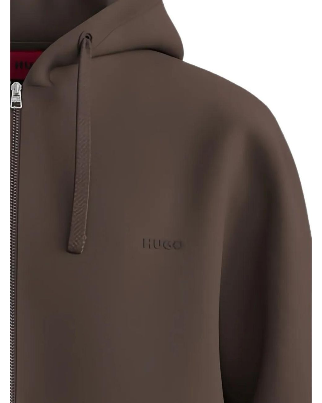 HUGO Brown Cotton Terry Zip-Up Hoodie Eith Logo Print for men