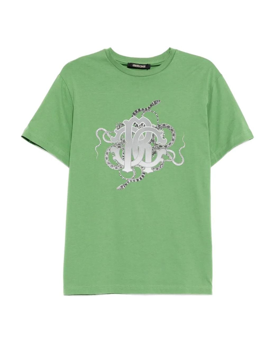 Roberto Cavalli Green Graphic-Print Cotton T-Shirt for men