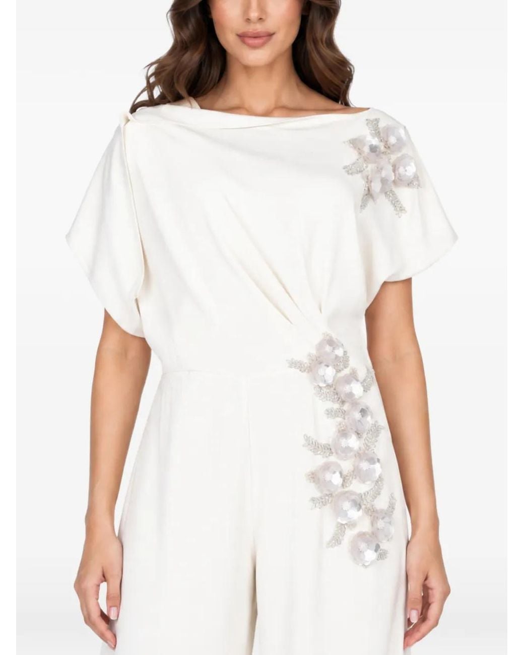 Loodyana White Floral-Embroidered Short-Sleeve Jumpsuit