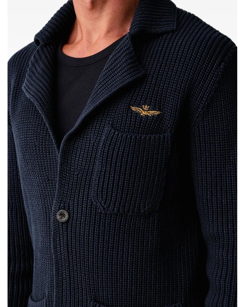 Aeronautica Militare Black Ribbed-Knit Patch-Pocket Cardigan for men