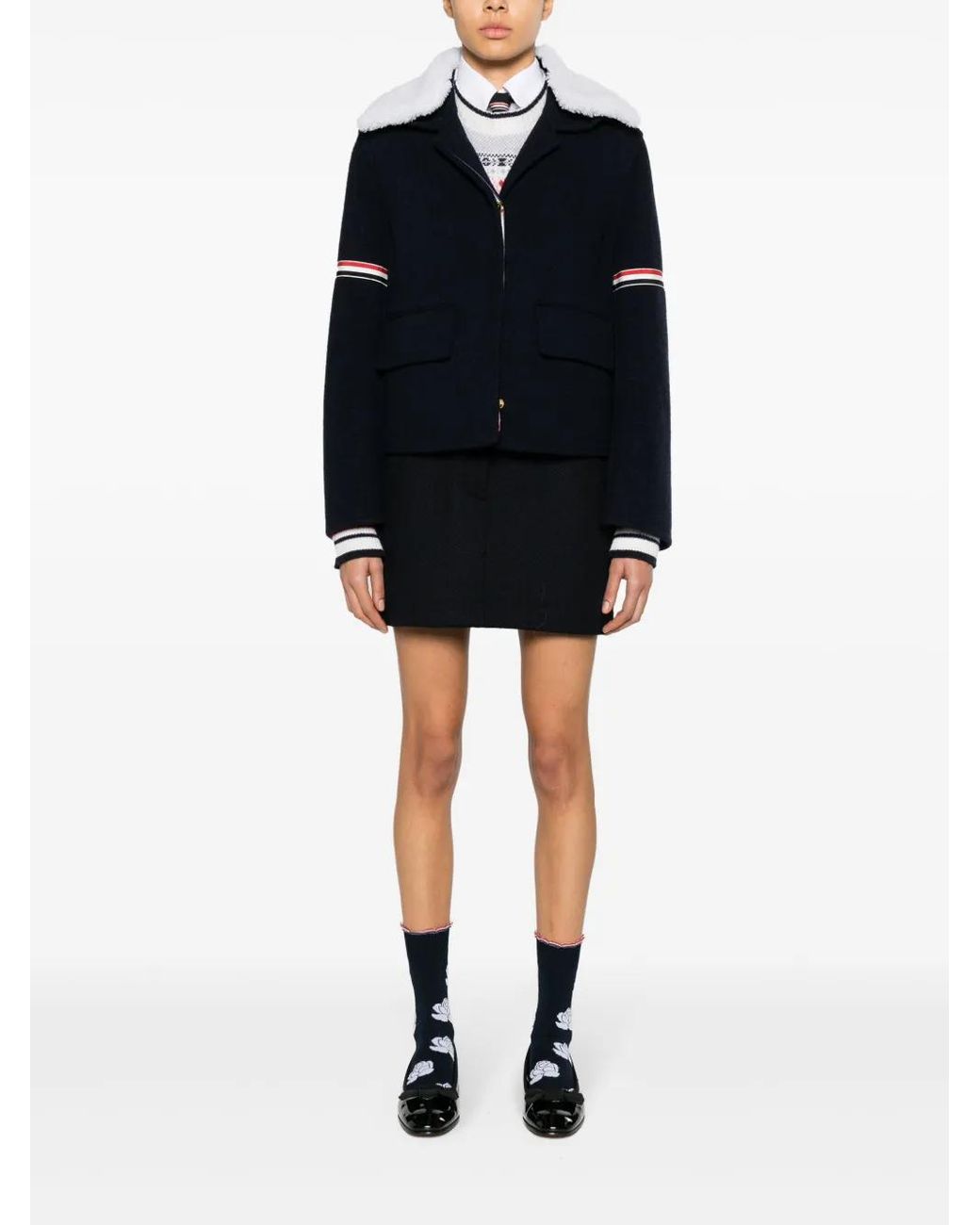 Thom Browne Black Wool Cashmere Armband Bell Sleeve Jacket With Shearling Collar