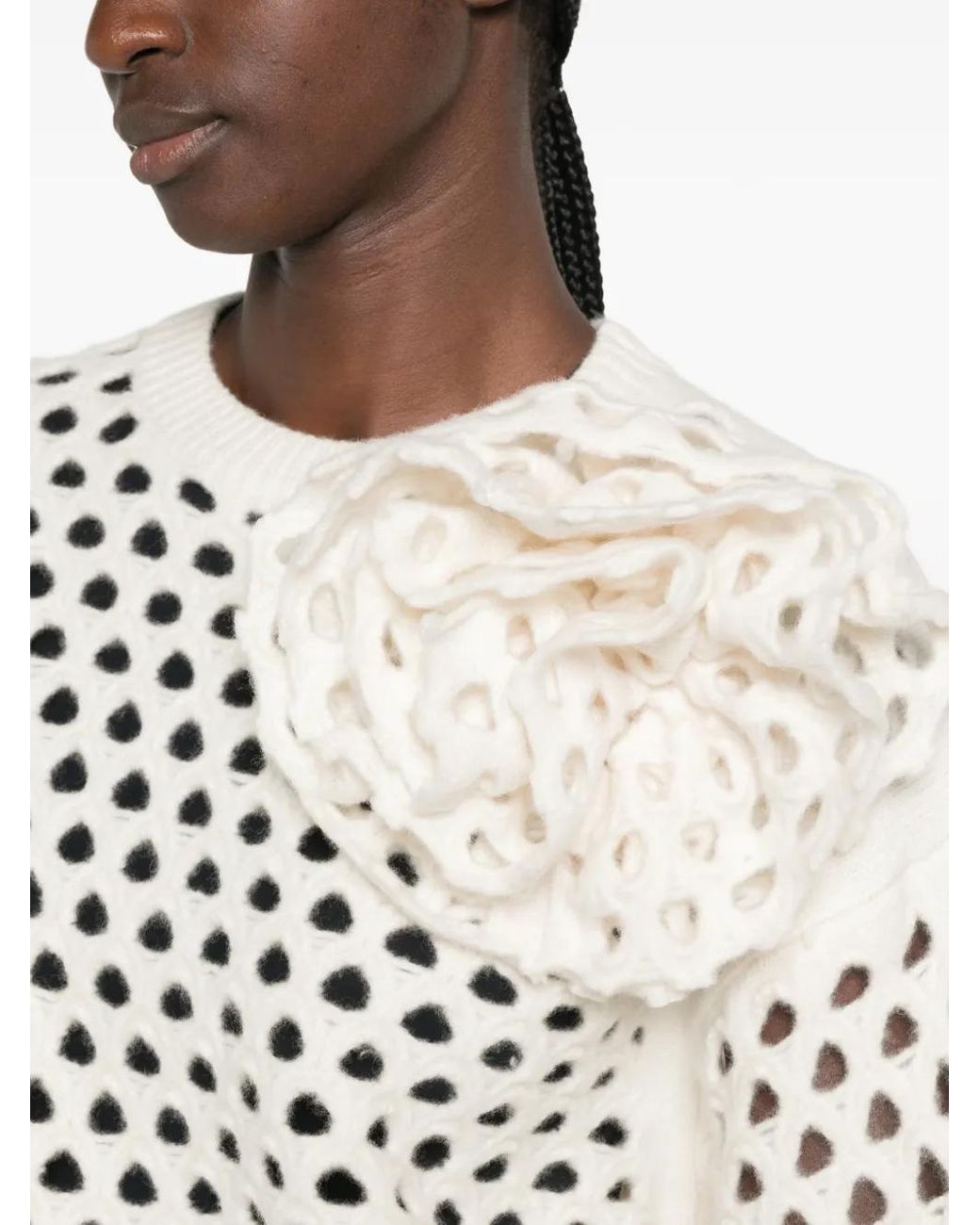 Blumarine White Floral-Appliqué Open-Knit Sweater