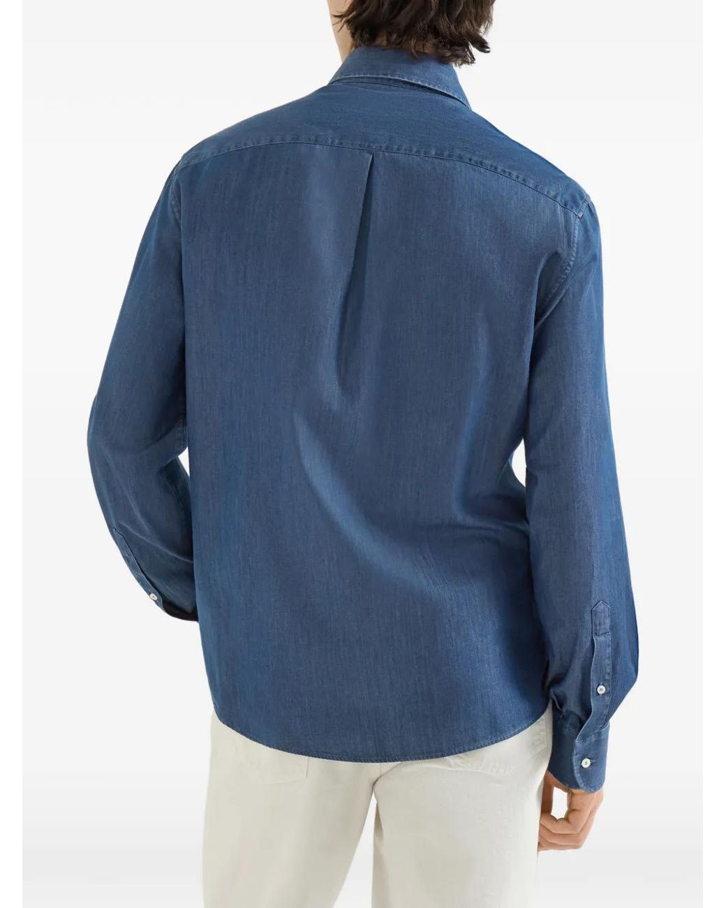 Brunello Cucinelli Blue Lightweight Denim Shirt With Italian Collar And Chest Pocket for men