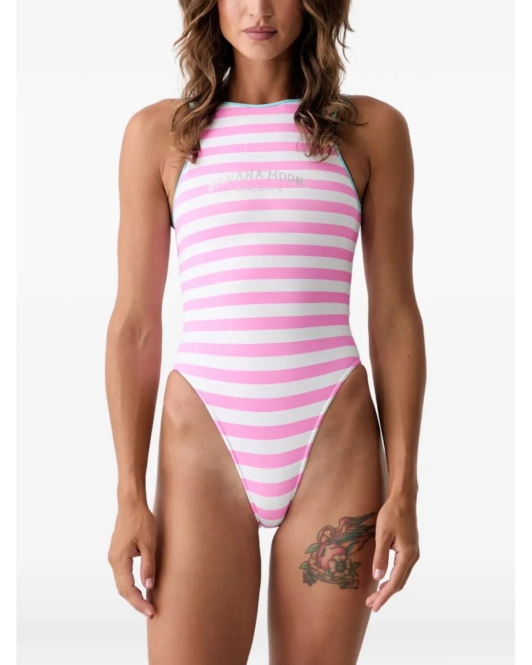 Banana Moon Pink Seneya Striped Logo-Print Swimsuit
