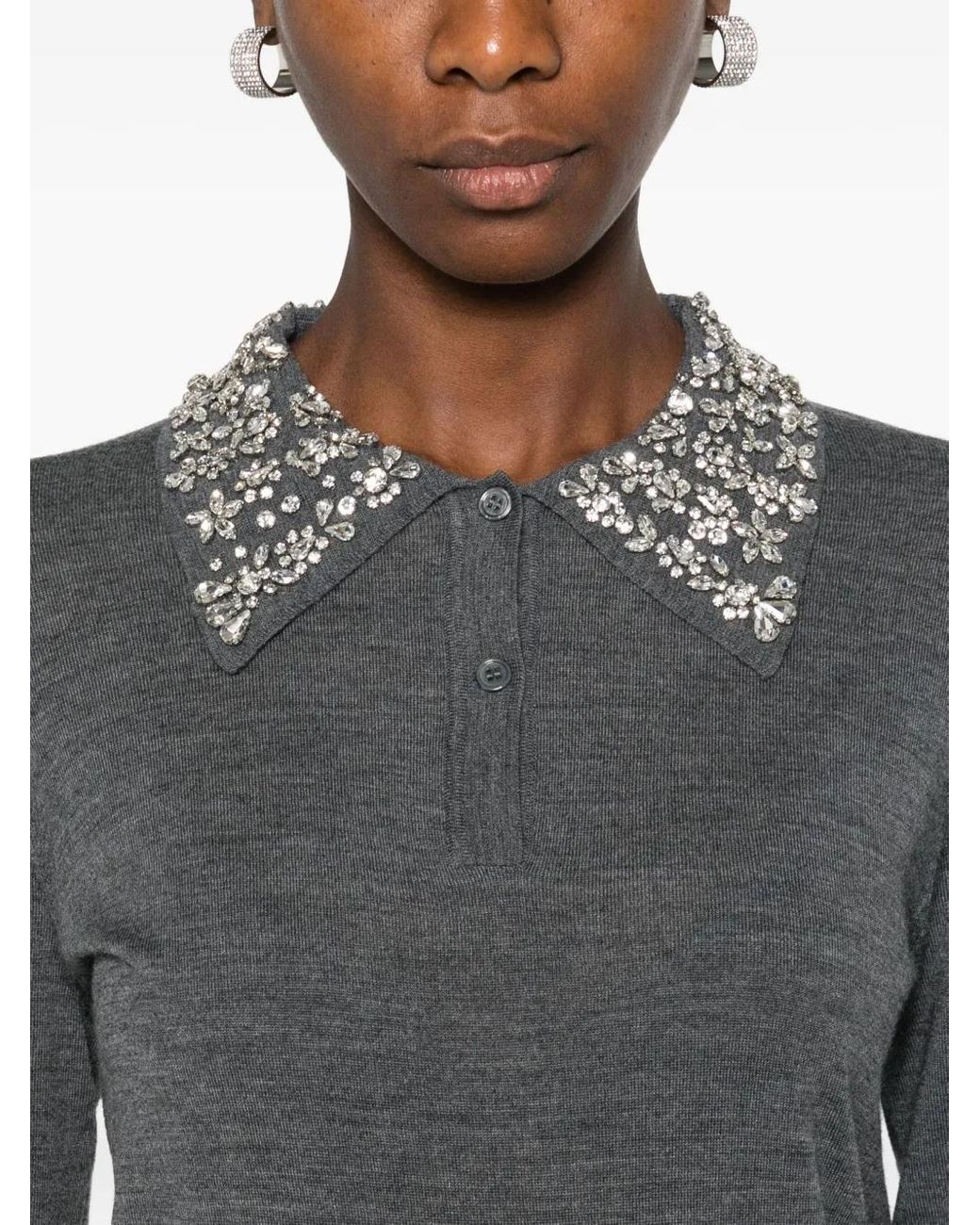 Liviana Conti Gray Embellished-Collar Polo-Neck Sweater