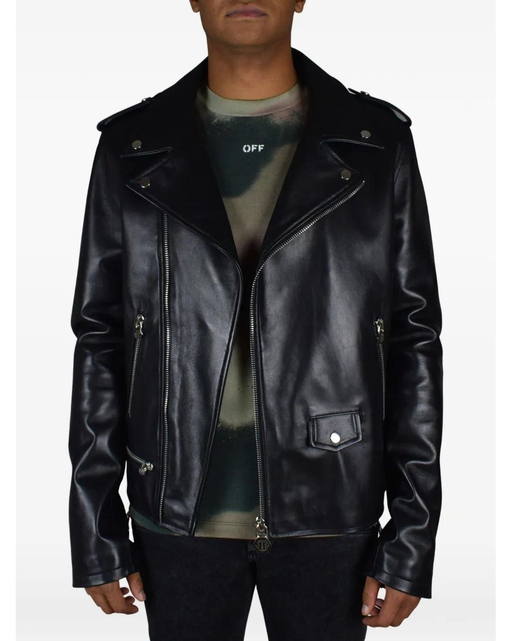 Philipp Plein Black Zip Leather Biker Jacket for men