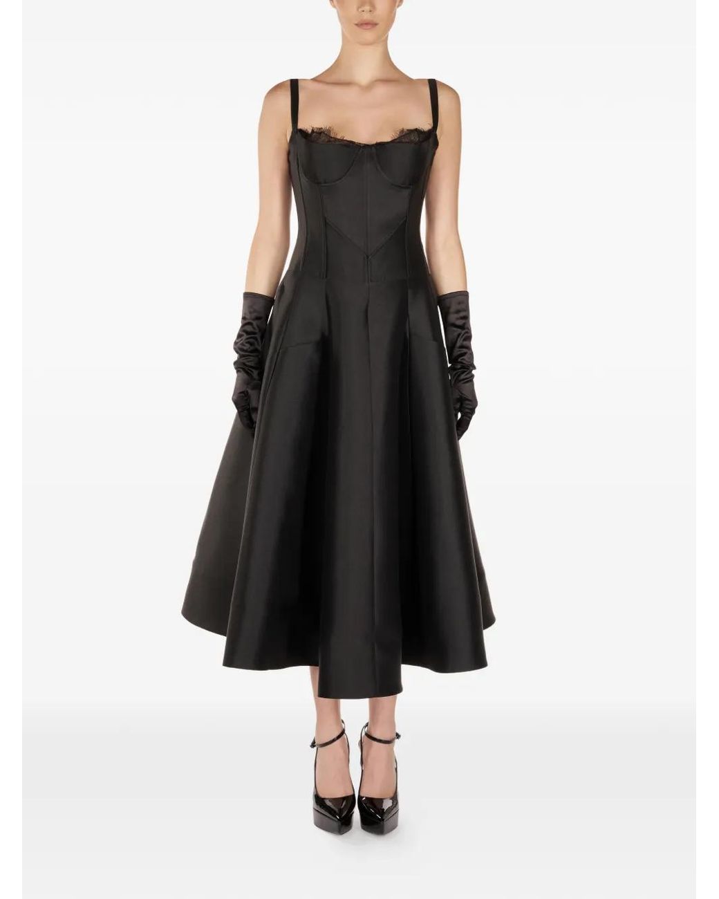 ARAFTU Black Lace-Detail Midi Dress