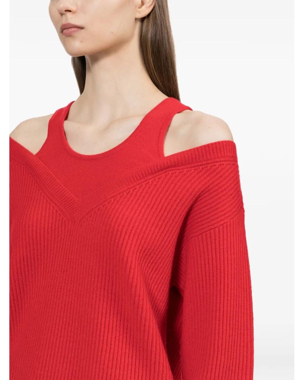 Helmut Lang Red Cut-Out Rib-Knit Sweater