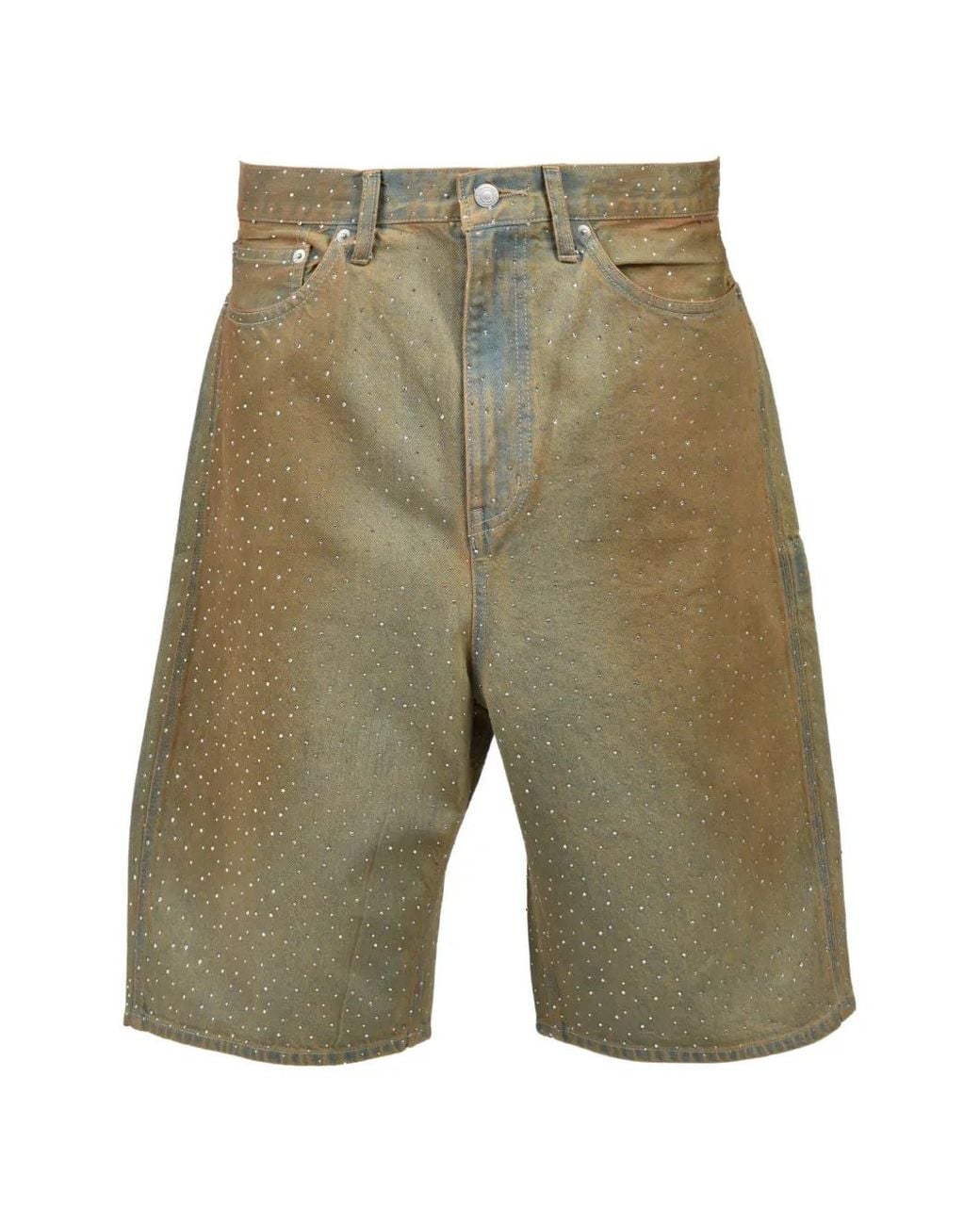 BREATH Green Rhinestone-Embellished Faded Denim Shorts for men