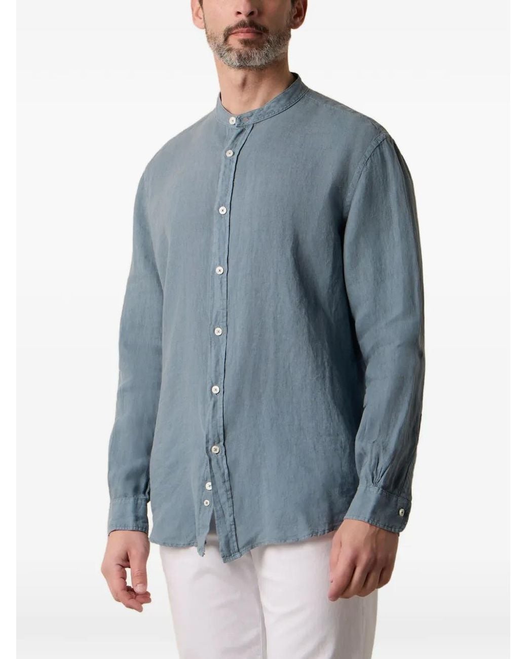 Brooks Brothers Blue Stand Collar Linen Shirt for men