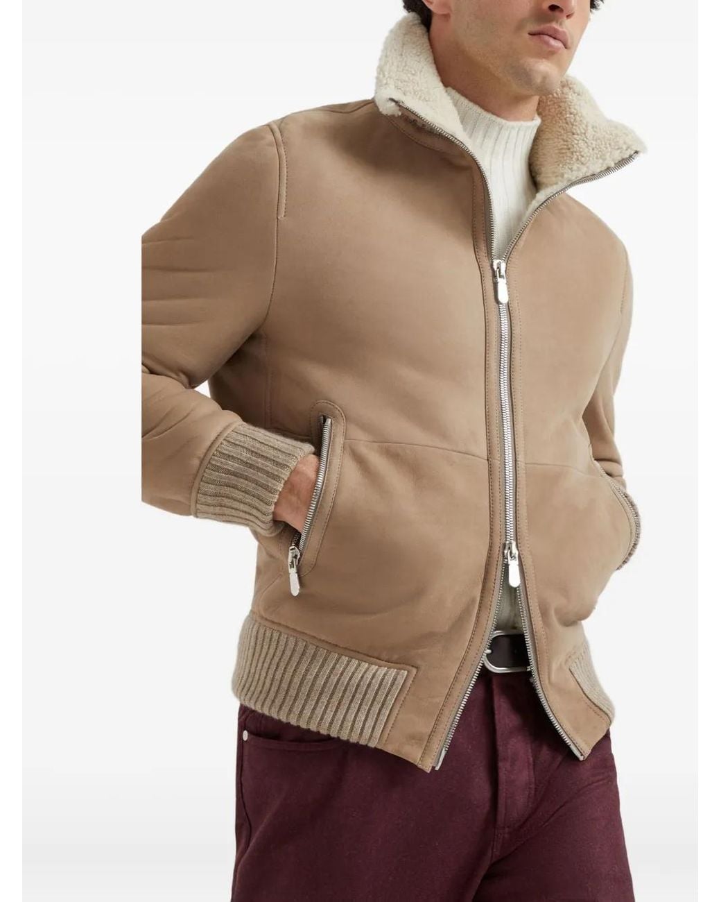 Brunello Cucinelli Brown Suede Jacket With Shearling Collar for men