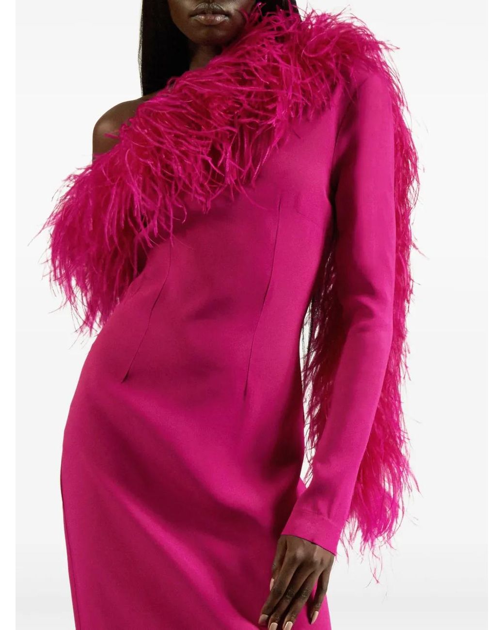 Taller Marmo Red Feather-Trimmed One-Shoulder Dress