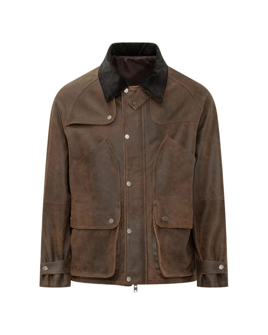 DFOUR® Brown Corduroy-Collar Patch-Pocket Coat for men