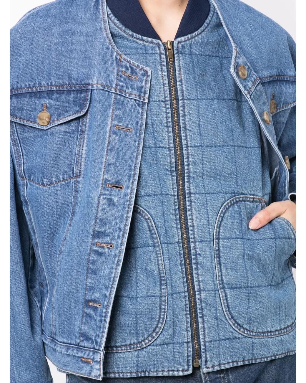 Rejina Pyo Blue Wells Layered Denim Bomber Jacket