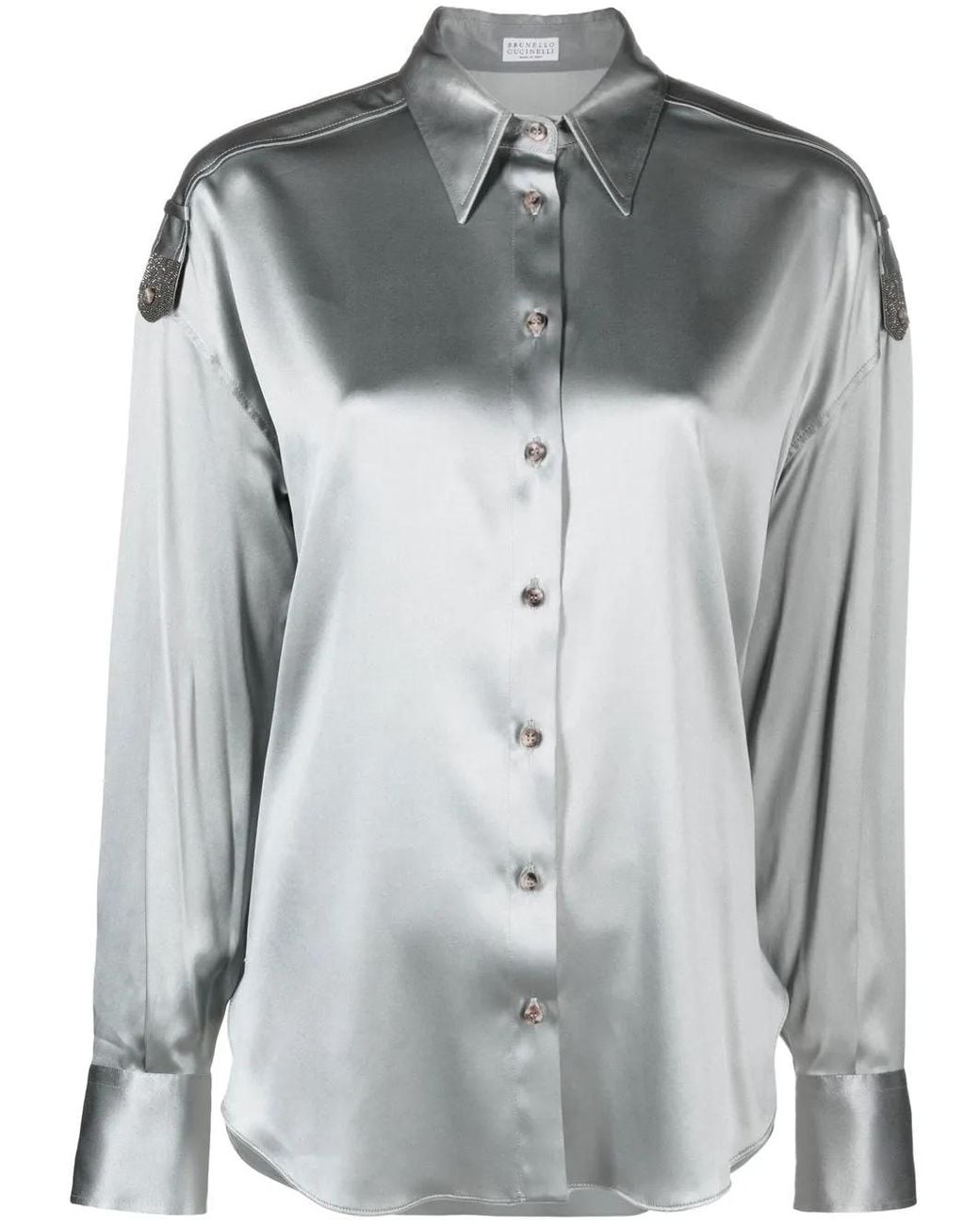 Brunello Cucinelli Gray Embellished Epaulettes Button-Up Shirt