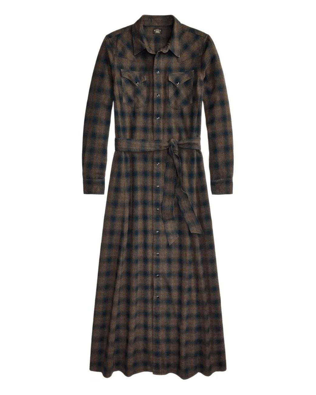 RRL Black Plaid Tie-Waist Midi Dress