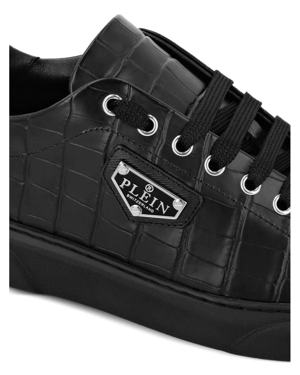 Philipp Plein Black Iconic Plein-Plaque Crocodile-Effect Sneakers
